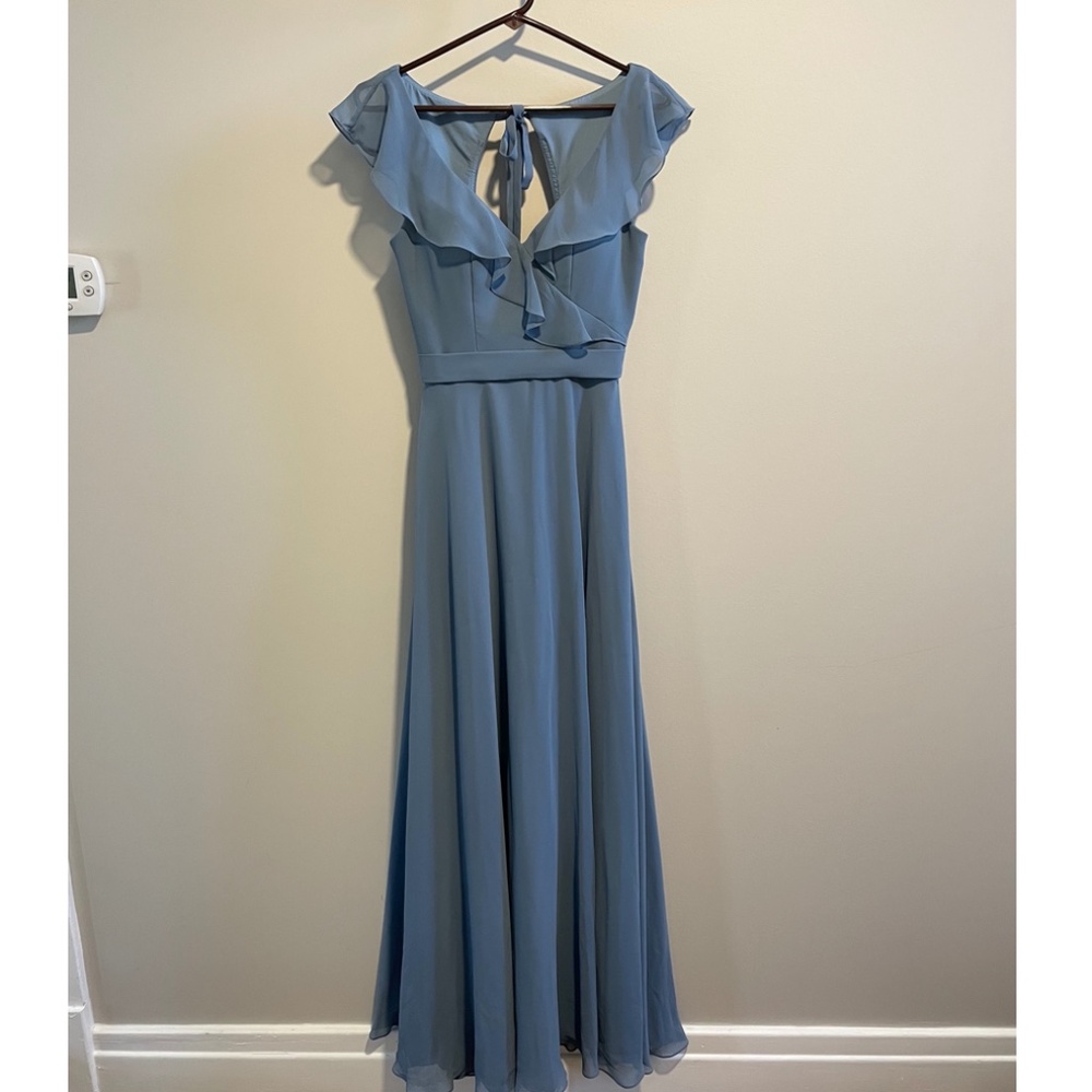 Flutter Sleeve Chiffon Bridesmaid Dress- Dusty Blue Size: 0